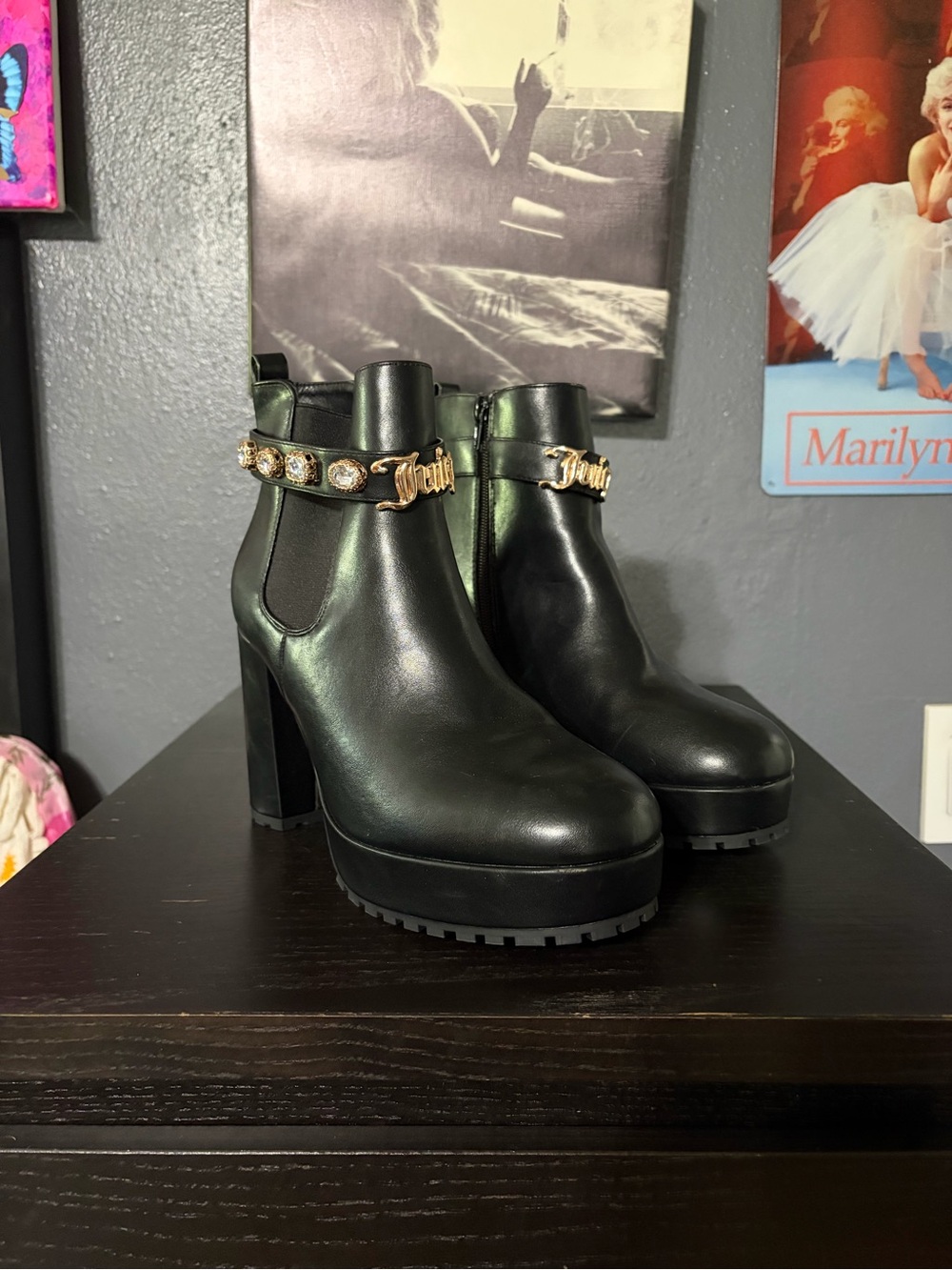 Juicy Couture Black Faux Leather Platform Ankle Boots with Gold Accent